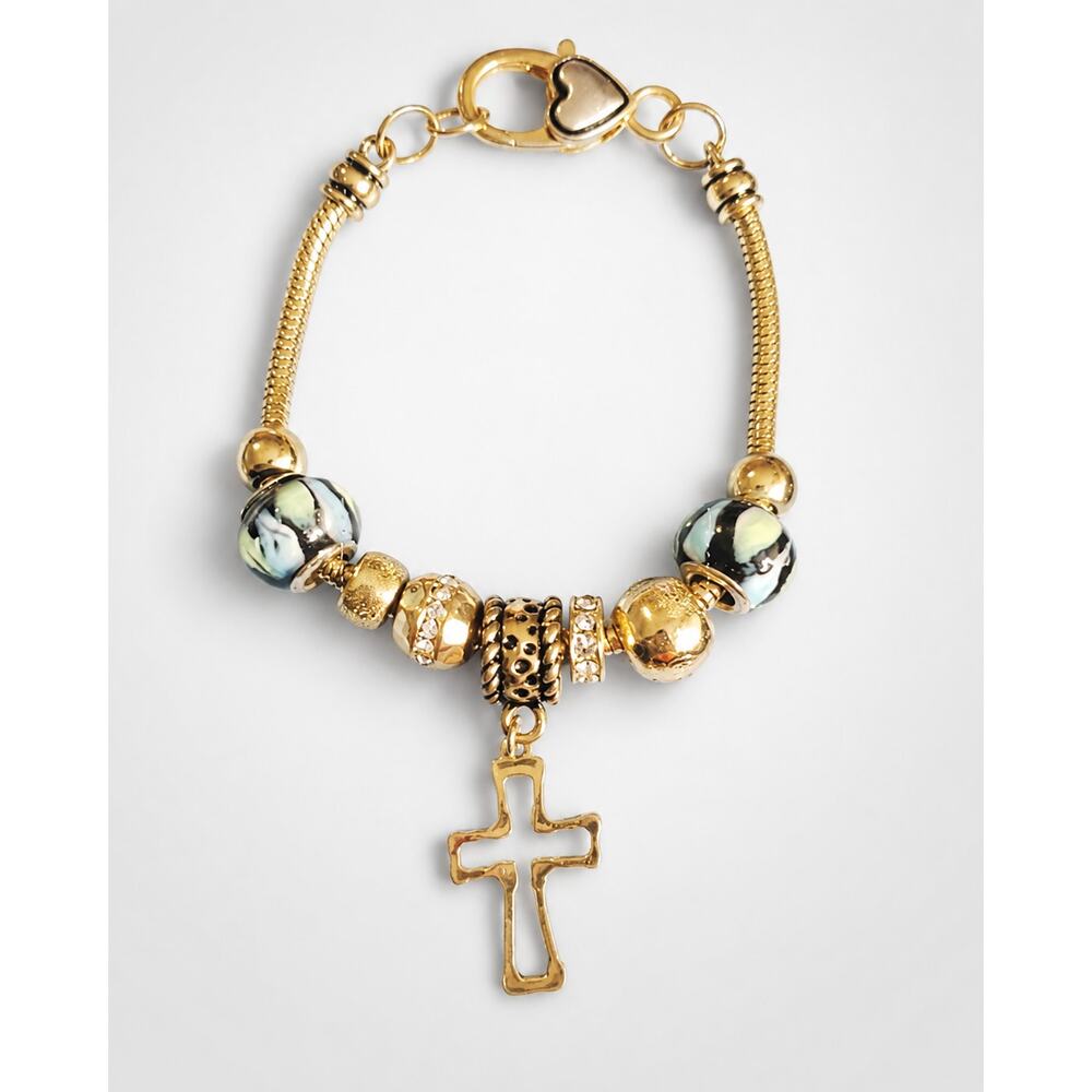 Glass &‎ Rhinestone Beaded Bracelet- 7.5" Cross Charm Blue & Silver-tone sbr-76